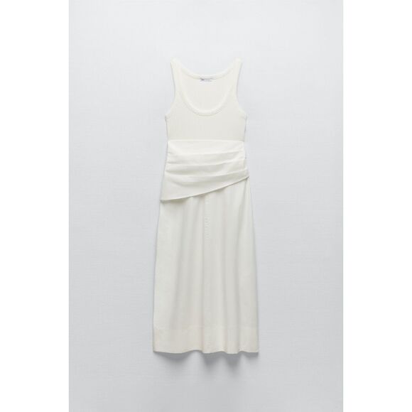 White Zara Mixed Media Ribbed Cotton Round Neck Sleeveless Tank Midi Dress (NWT) - Picture 5 of 7